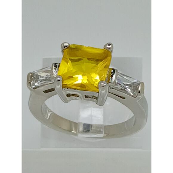 White Gold GP Canary Yellow Princess Cut Sim Diamond CZ Engagement Ring Size 6 - Picture 1 of 10